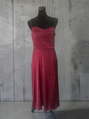 ON YOU Burgundy Satin Slip Midi Dress Square Neck Spaghetti Straps Smocked L